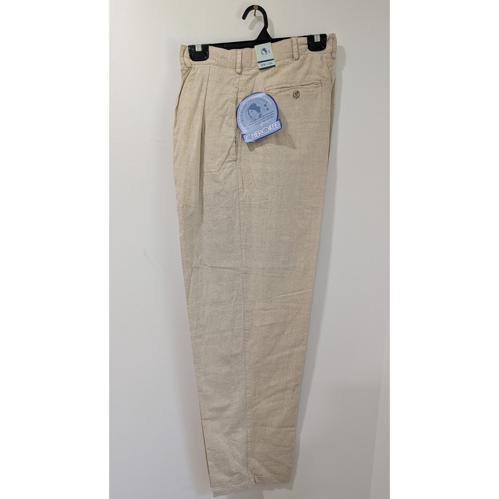 Vintage Cherokee Mens Beige Linen Cotton Pleated Trousers Pants 36x30 NWT